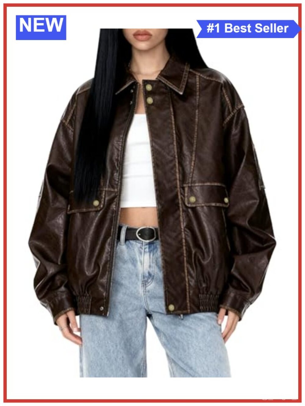 Oversized Y2K Faux Leather Moto Jacket Distressed Zip Bomber